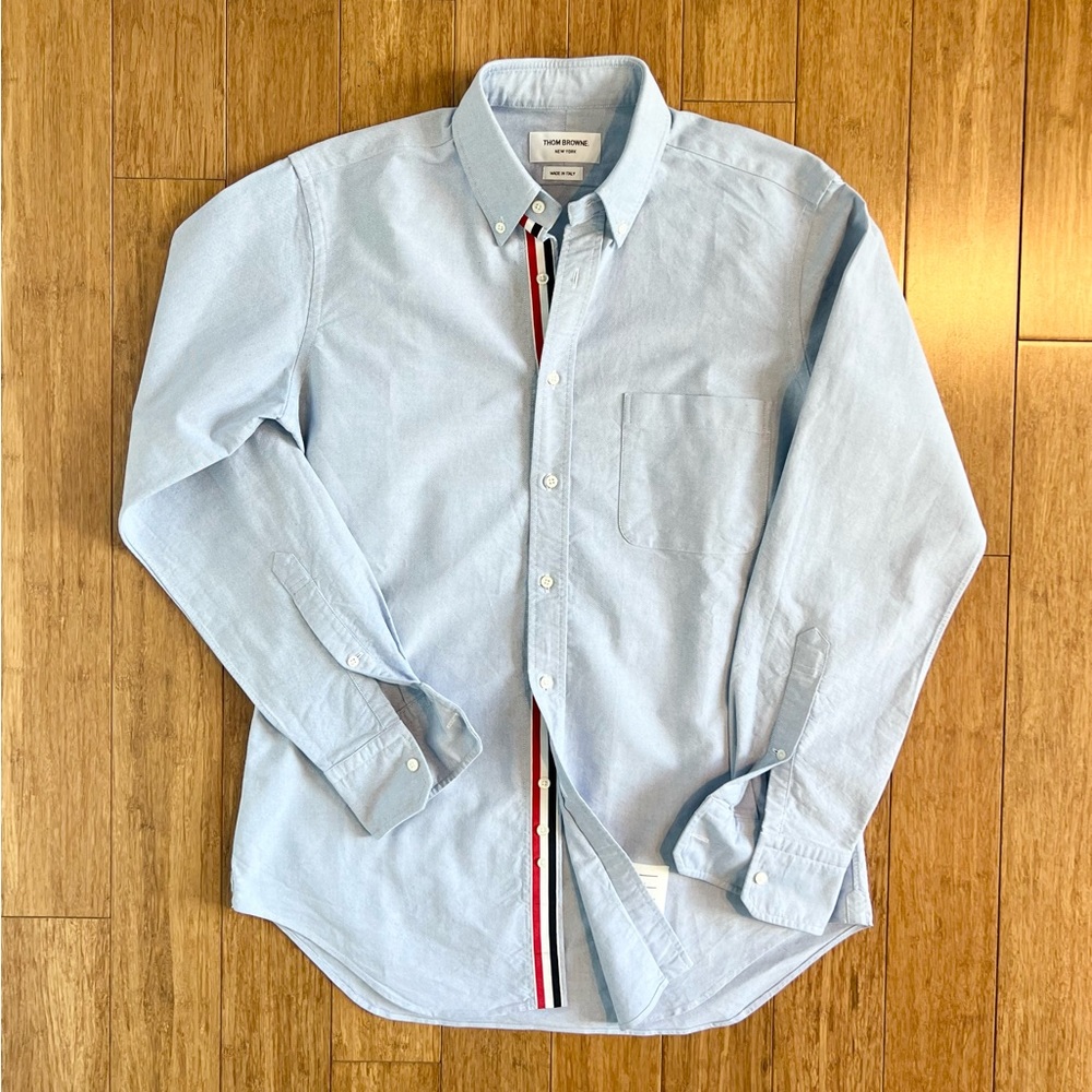Thom Browne Cotton Button down shirt with striped placket. Made in Italy.